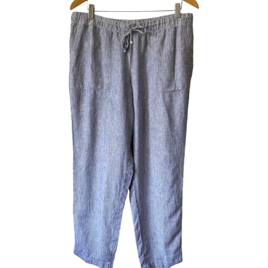J.Jill Love Linen Pants Sz Md Blue White Micro Stripe Ankle Drawstring Casual